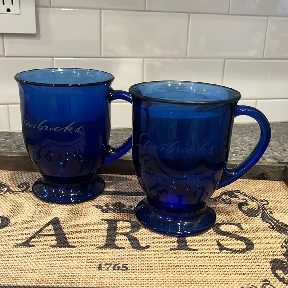 Starbucks Etched Cobalt Blue Pedestal Mug Set